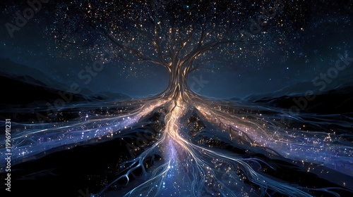 Glowing tree roots with celestial energy, digital illustration, dark background