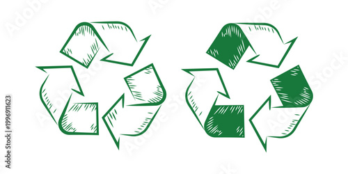 Two handdrawn green recycling symbols, one outlined and hatched, the other partially filled, on a clean white background, representing ecofriendly concepts.