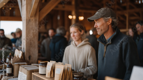 Community seed library launch event in a converted barn, folding tables covered in labeled seed envelopes, local farmers milling around, rural gathering, agricultural community, heritage seed swap, 