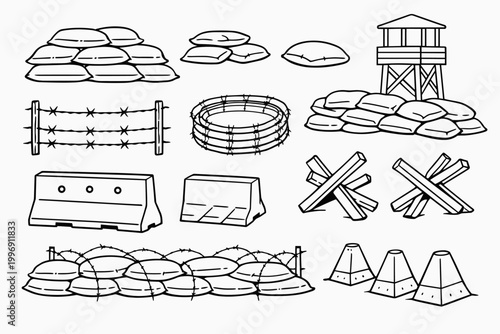 Vector Line Art Set of Military Defense and Security Elements Including Sandbag Walls, Barbed Wire, Concrete Barriers, Watchtower, Czech Hedgehogs, and Dragon's Teeth for War Zone Fortification