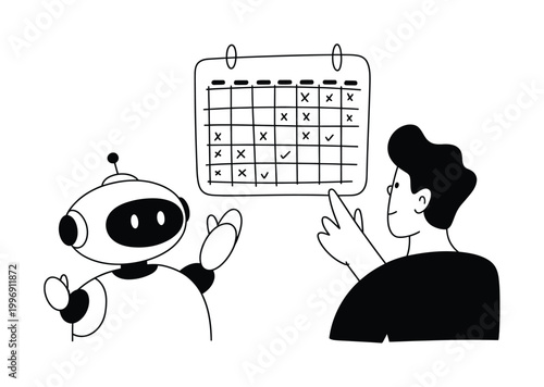 Robot and Man Discussing Calendar Vector Illustration