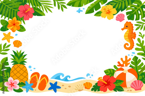 Tropical Summer Frame Border with Palm Leaves, Pineapple, Seahorse, Hibiscus Flowers, Beach Ball, Flip-Flops, Starfish, and Seashells on Sandy Beach Background. Flat Vector Design for Vacation.