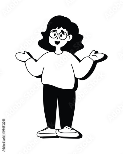 Smiling Girl with Glasses and Open Arms Vector Illustration