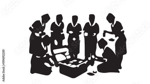 Black Silhouette of Group of Medical Nurses and Doctors Providing First Aid Care with Emergency Kit on White Background