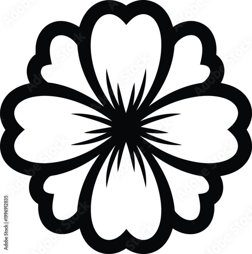 Black stylized flower with eight rounded petals and sharp center on white background, symbol