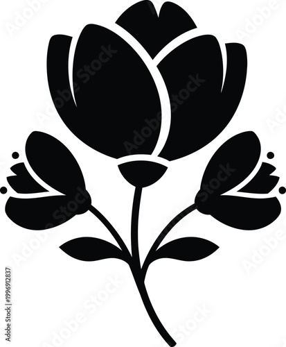 Black silhouette of a stylized flower with three buds on a white background