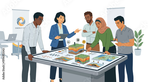 Diverse Team Collaboration on Energy Industry Project with Geological Map Illustration Vector Graphic