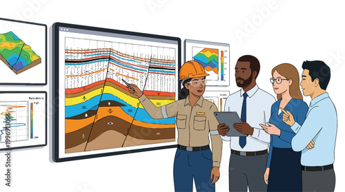 Geological Survey Team Analyzing Subsurface Data with Digital Technology Diverse Professionals in Oil and Gas Industry