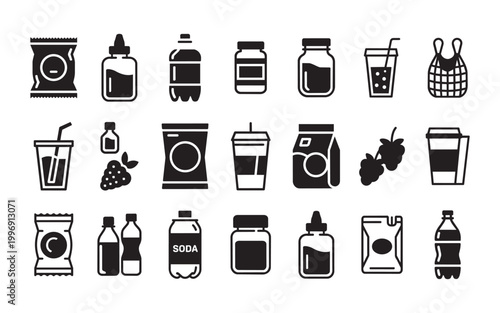 Black silhouettes of snack bags juice boxes soda bottles and jars. Professional vector icons collection on transparent background.