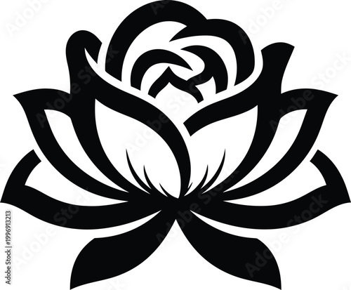 Black stylized rose flower silhouette with swirling petals on white background