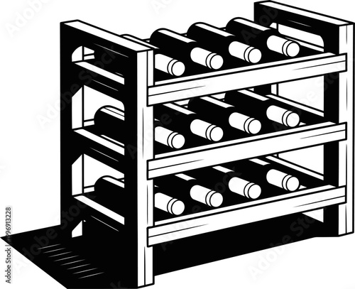 Wooden wine rack with multiple bottles stored horizontally on three shelves casting shadow