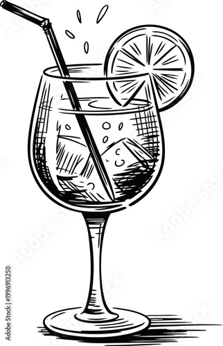 Refreshing cocktail glass with ice cubes, straw, and citrus slice garnish illustration