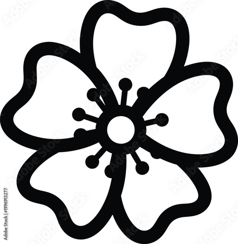 Simple black and white outline of a five-petaled flower with stamens symbol