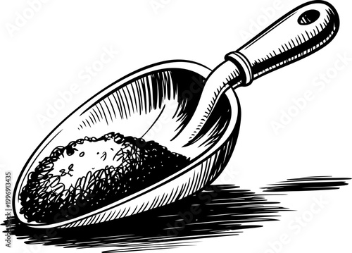 Metal scoop filled with granular substance, vintage ink drawing of kitchen utensil with wooden handle