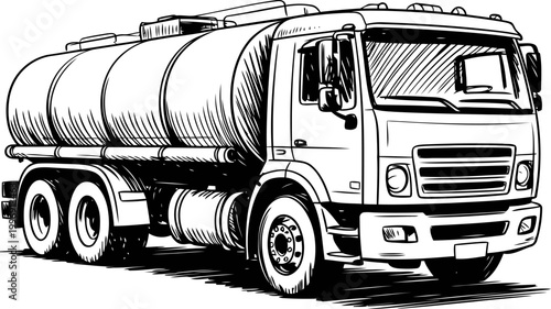 Fuel tanker truck with cylindrical tank for liquid transportation, industrial vehicle side view illustration