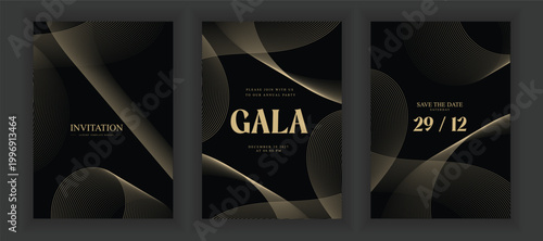 Luxury Gala Invitation Background Vector with Elegant Gold Line Pattern on Black and Light Theme, Premium Design for Wedding, VIP Event Cover and Grand Opening Template