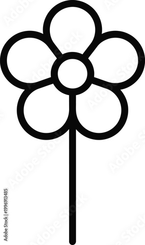 Simple black outline of a five-petal flower with a central circle on a stem black and white symbol