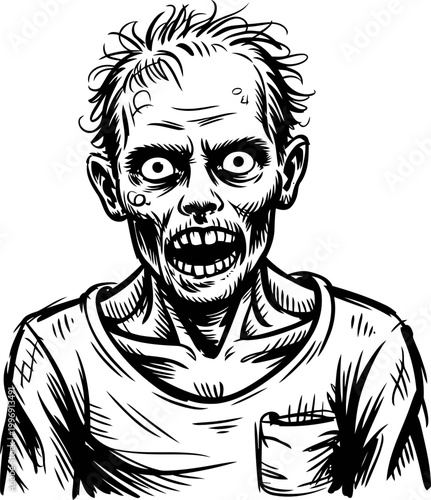 Illustration of a creepy zombie with wide eyes and ragged clothes, showing decayed skin and a terrified expression