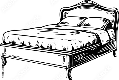 Classic wooden bed with mattress and pillows, vintage bedroom furniture illustration