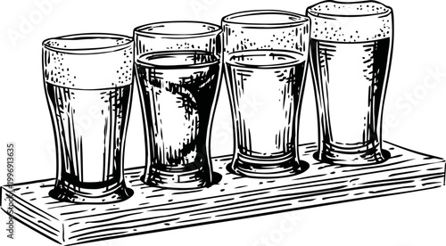 Flight of craft beer in wooden paddle assorted beer glasses with different beer varieties for tasting