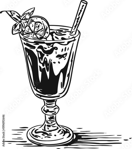 Cold refreshing cocktail glass with ice, lemon slice, straw and mint leaves garnish