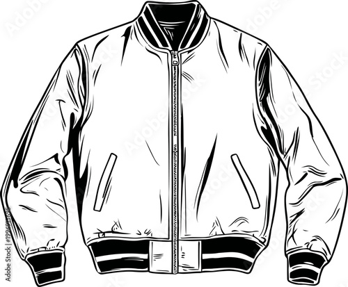 Classic bomber jacket illustration with front zipper and ribbed cuffs and hem for casual outerwear