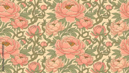 Tableau sur toile A beautifully illustrated floral pattern featuring peonies