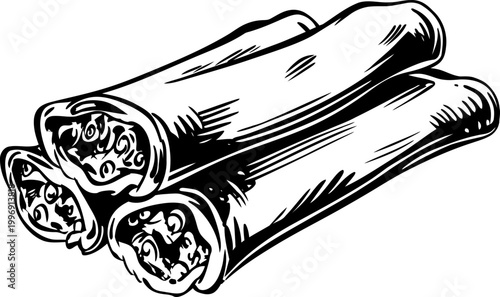 Cinnamon sticks bundle with detailed texture and curved shapes, natural spice illustration