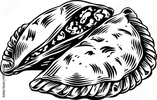 Savory empanadas with crimped edges, traditional stuffed pastry illustration