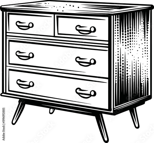 Retro wooden dresser with angled legs and multiple drawers for storage and organization