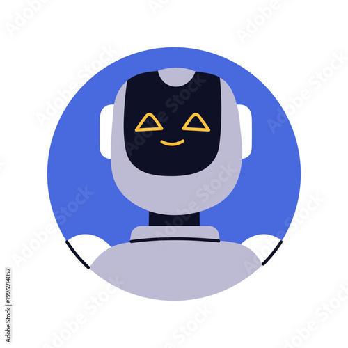 Robot face, avatar in circle. Happy chat bot assistant character, round user profile. AI chatbot technology, android smiling, head portrait. Flat vector illustration isolated on white background