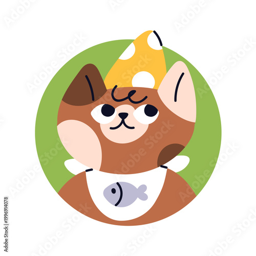 Funny cute cat in birthday party cone hat and bib, head avatar. Adorable feline animal character, user profile in circle. Hungry kitty portrait. Flat vector illustration isolated on white background