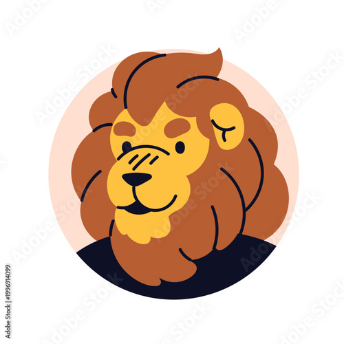 Lion, wild cat, head avatar. Leo, wildcat, jungle feline animal character, round user profile in circle. Confident leader with mane, portrait. Flat vector illustration isolated on white background