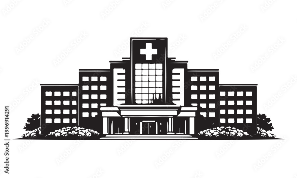 Obraz premium Hospital silhouette, medical building, civic urban, vector isolated on white