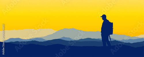 Hiker Silhouette Mountain Landscape Banner – Minimalist Yellow Sunset Vector with Backpacker, Layered Hills, Scenic Travel Adventure Illustration for Web, Poster, Background
