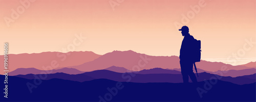 Hiker Silhouette Pastel Mountain Sunset Banner – Minimalist Vector Landscape with Backpacker, Layered Hills, Scenic Travel Adventure Background Illustration