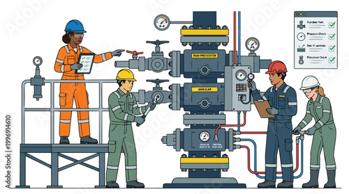 Oil Industry Workers Performing Maintenance on Blowout Preventer Equipment with Checklist Inspection