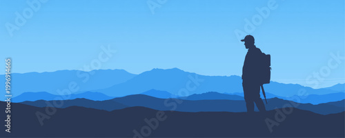 Hiker Silhouette Mountain Landscape Banner – Minimalist Blue Nature Vector with Backpacker, Layered Hills, Scenic Travel Adventure Illustration for Poster, Web, Background