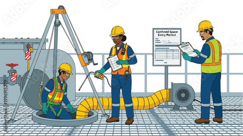 Confined Space Entry Procedure with Diverse Industrial Workers Safety Inspection Oil and Gas Industry