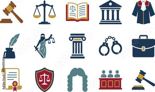 Law and Justice Icons Set Gavel, Scales, Courthouse, Lady Justice, Handcuffs, Briefcase, Book, Diploma, Wig, Courtroom illustration