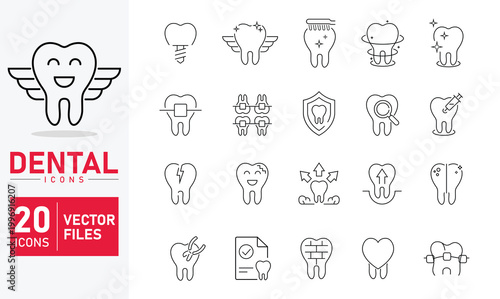 Dental Line Icons Set – Tooth Care, Dentistry, Orthodontics, Oral Hygiene Vector Collection