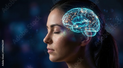 Profile of a woman with a glowing brain overlay representing intellect and mental energy.