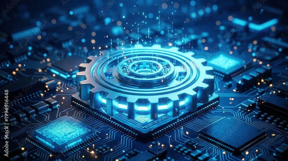 Fototapeta premium Glowing blue digital gear on a circuit board representing AI and automation.