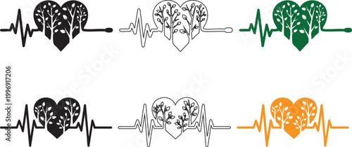 Minimalist heart beat EKG symbols with tree and nature motifs for healthcare, wellness, and eco-friendly branding concepts