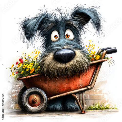 Whimsical Dog Sitting in Flower Filled Wheelbarrow Joyful Spring Scene