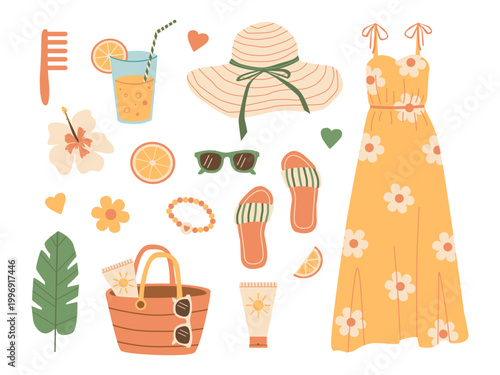 Set of summer beach accessories, including bright sundress, bag, hat, tropical leaves and flowers, and orange cocktail. Vector colorful flat illustrations of vacation elements with yellow accent.