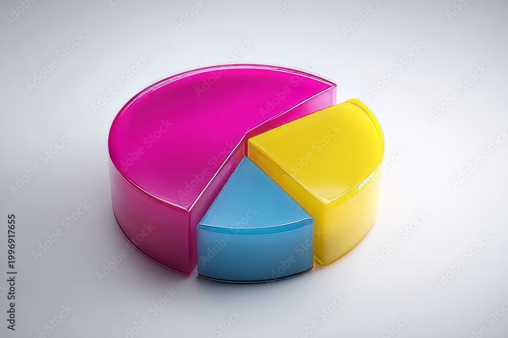 Obraz premium Colourful pie chart with three segments in pink, blue and yellow showing business data analysis and statistics on a white background, pie chart isolated on white, 3d pie chart, colorful pie chart