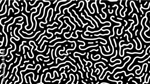 Abstract reaction-diffusion pattern creating organic lines texture. Seamless black and white pattern featuring winding white lines on a dark background