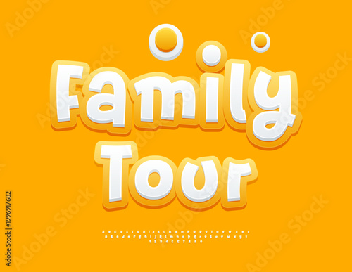 Vector Sunny Offer Family Tour. Summer White and Yellow Font. Artistic Alphabet Letters and Numbers set.