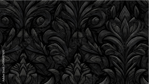 Black matte intricate engraving seamless texture pattern. Black matte seamless pattern presenting intricate engraving lines creating an ornate symmetrical design